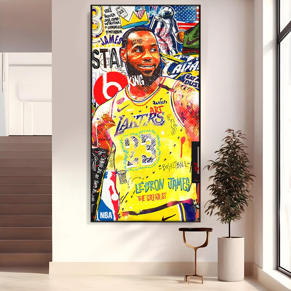 Tablou canvas cu tablou canvas cu portretul lui lebron james, in rama de aluminiu negru
